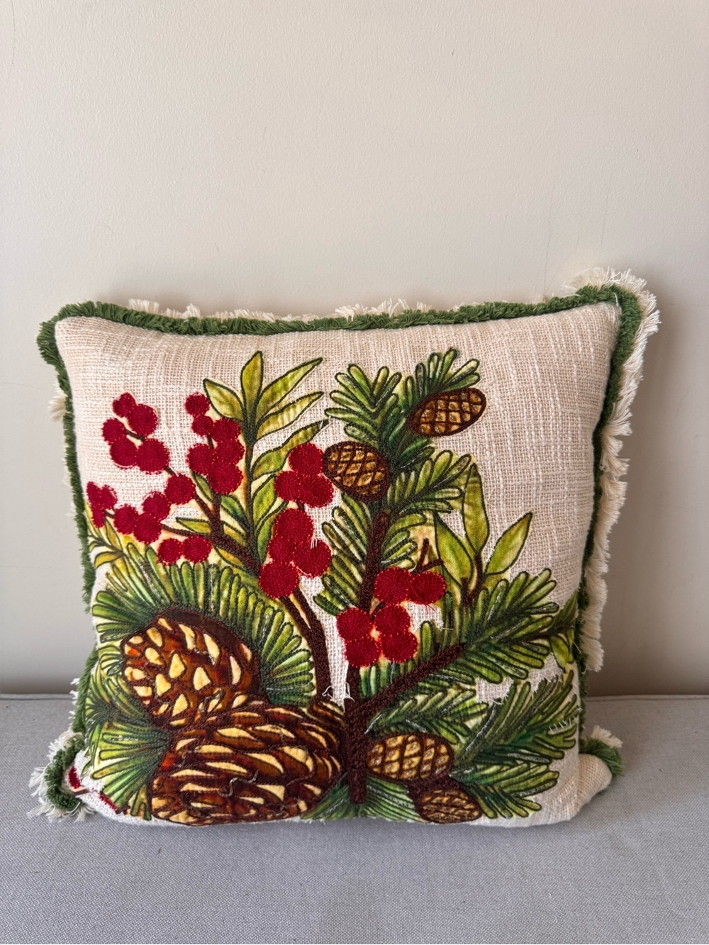 Imperial Collection 20x20 Throw Pillow Pinecones Berries Applique Fringe
